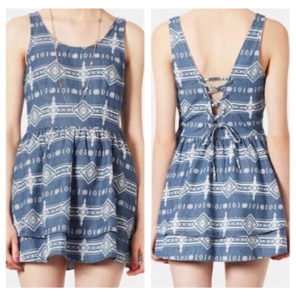Topshop Aztec Mini Dress Blue White Size 6 Womens